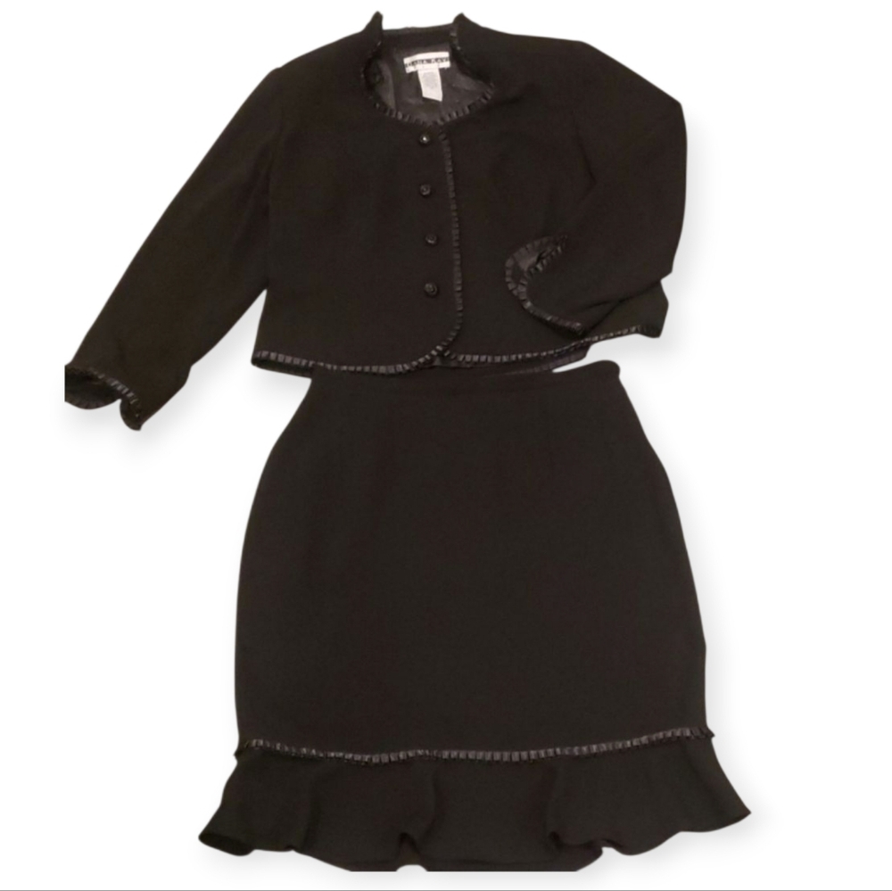 Dana Kay Black Skirt Suit 16W | Satin Trim Two-Piece Set | Elegant Outfit